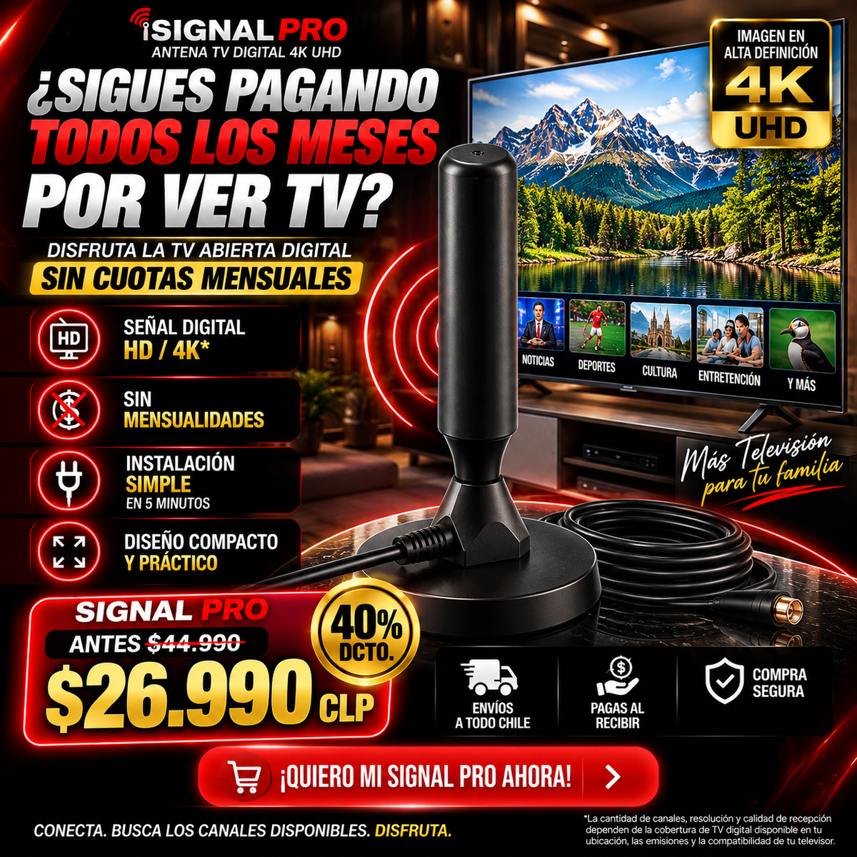 SIGNAL PRO – Antena TV Digital 4K UHD - Disfruta de Canales en HD/4K Sin Pagar Cable