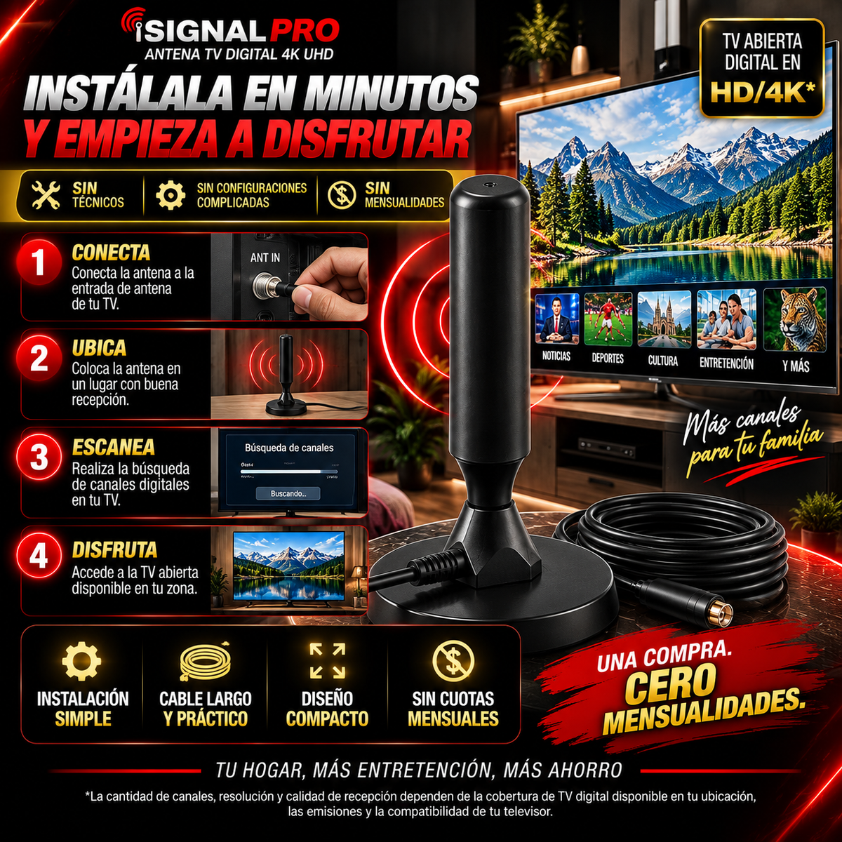 SIGNAL PRO – Antena TV Digital 4K UHD - Disfruta de Canales en HD/4K Sin Pagar Cable