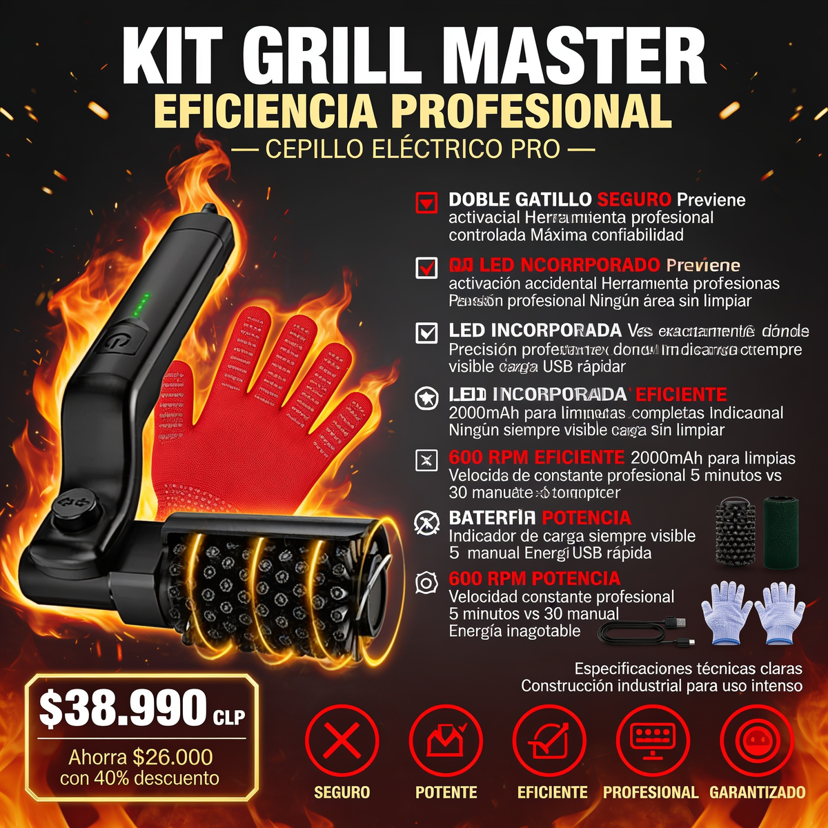 KIT GRILL MASTER - CEPILLO PARRILLA PRO + GUANTES DE REGALO