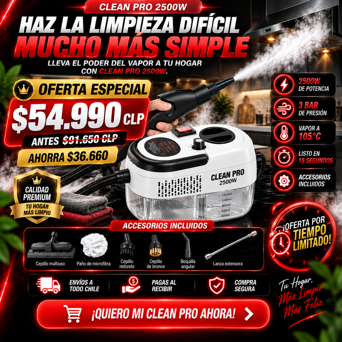 CLEAN PRO 2500W - LIMPIADOR VAPOR POTENCIA MÁXIMA