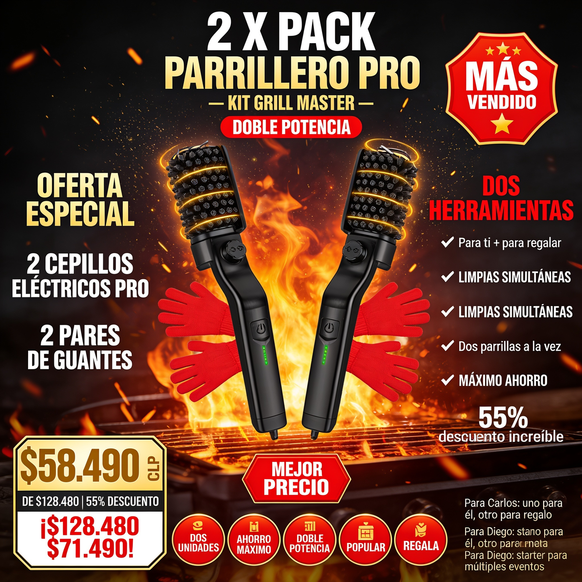 KIT GRILL MASTER - CEPILLO PARRILLA PRO + GUANTES DE REGALO