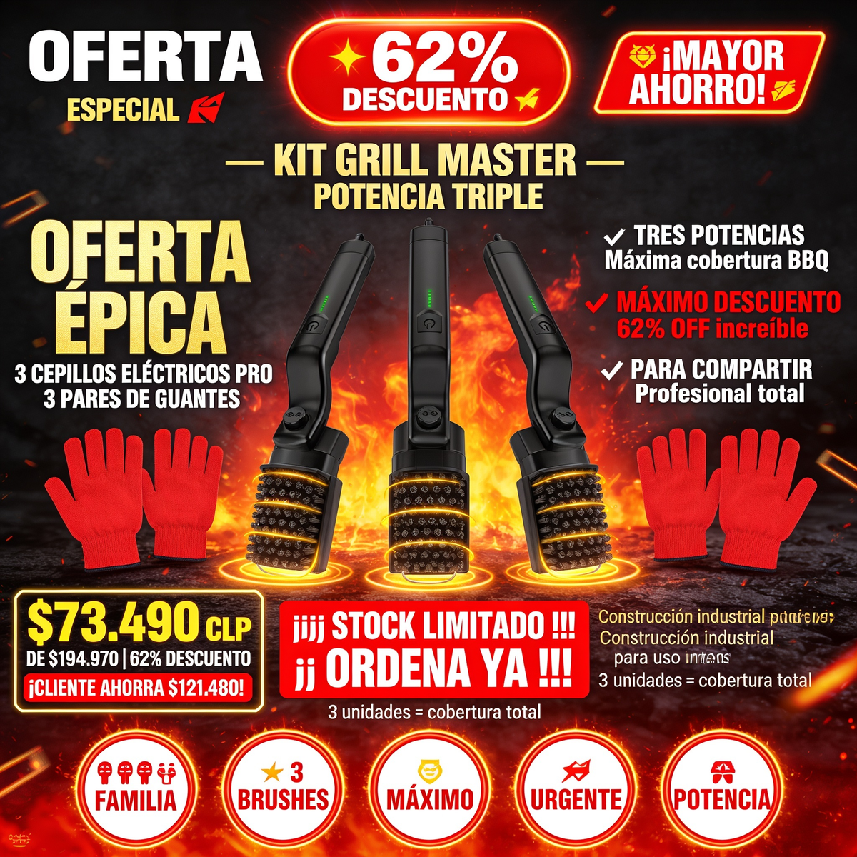 KIT GRILL MASTER - CEPILLO PARRILLA PRO + GUANTES DE REGALO